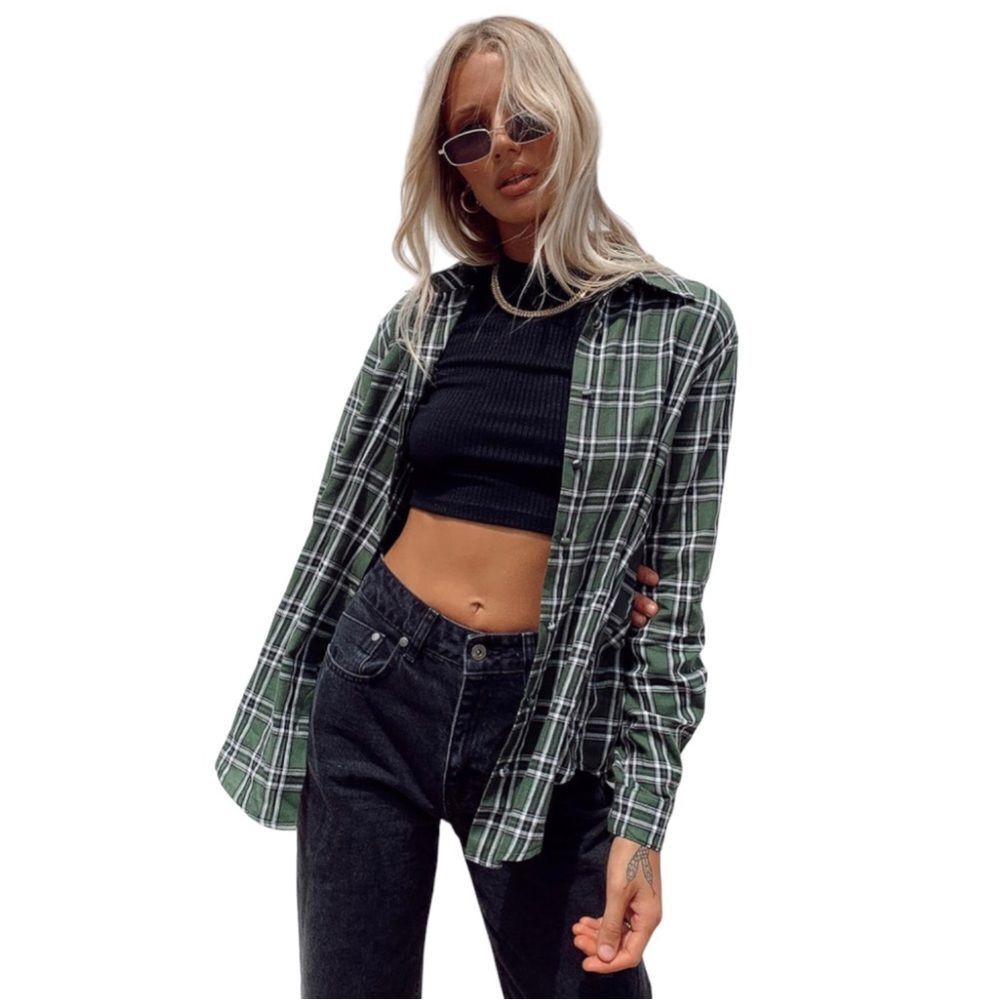 Princess Polly Exclusive Nora Shirt Plaid Forest Green Ladies Size US Size 2